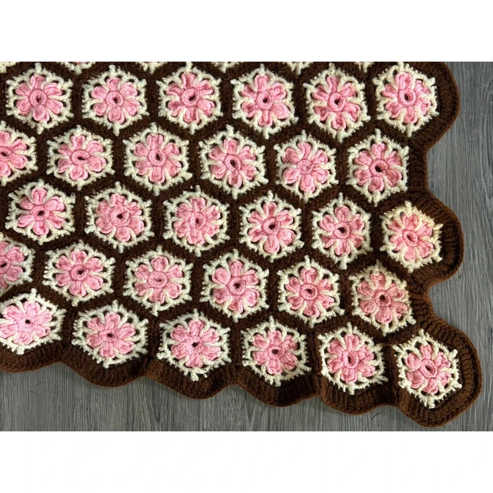 80s Vintage Pink Floral Handmade Crochet Knit Afghan Throw Blanket 49x71 Inches